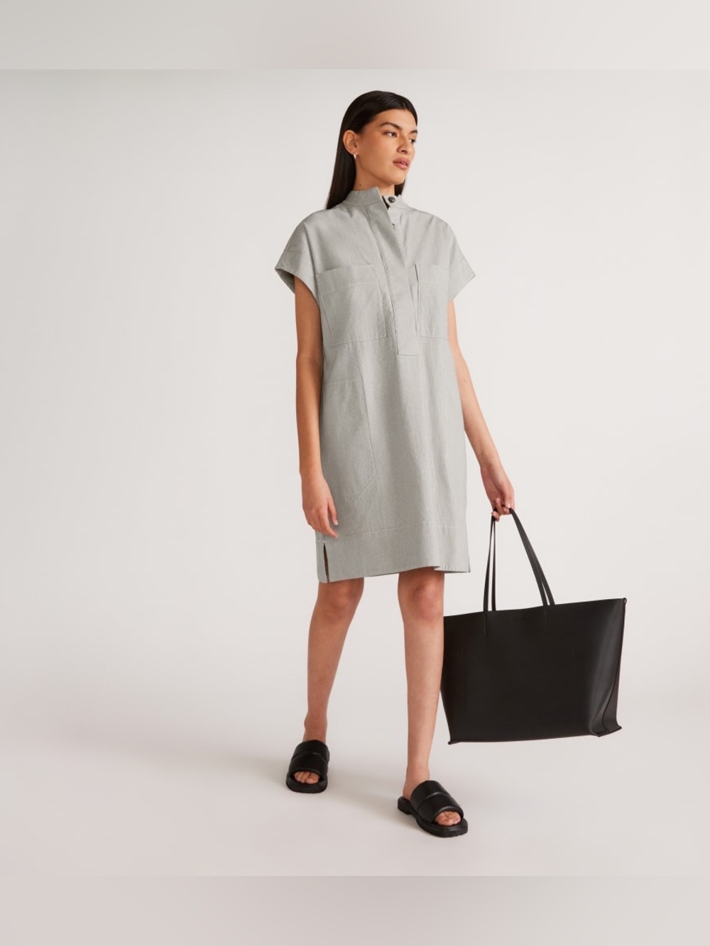 Everlane The Easy Workwear Dress Black Railroad Stripes Size Large EUC